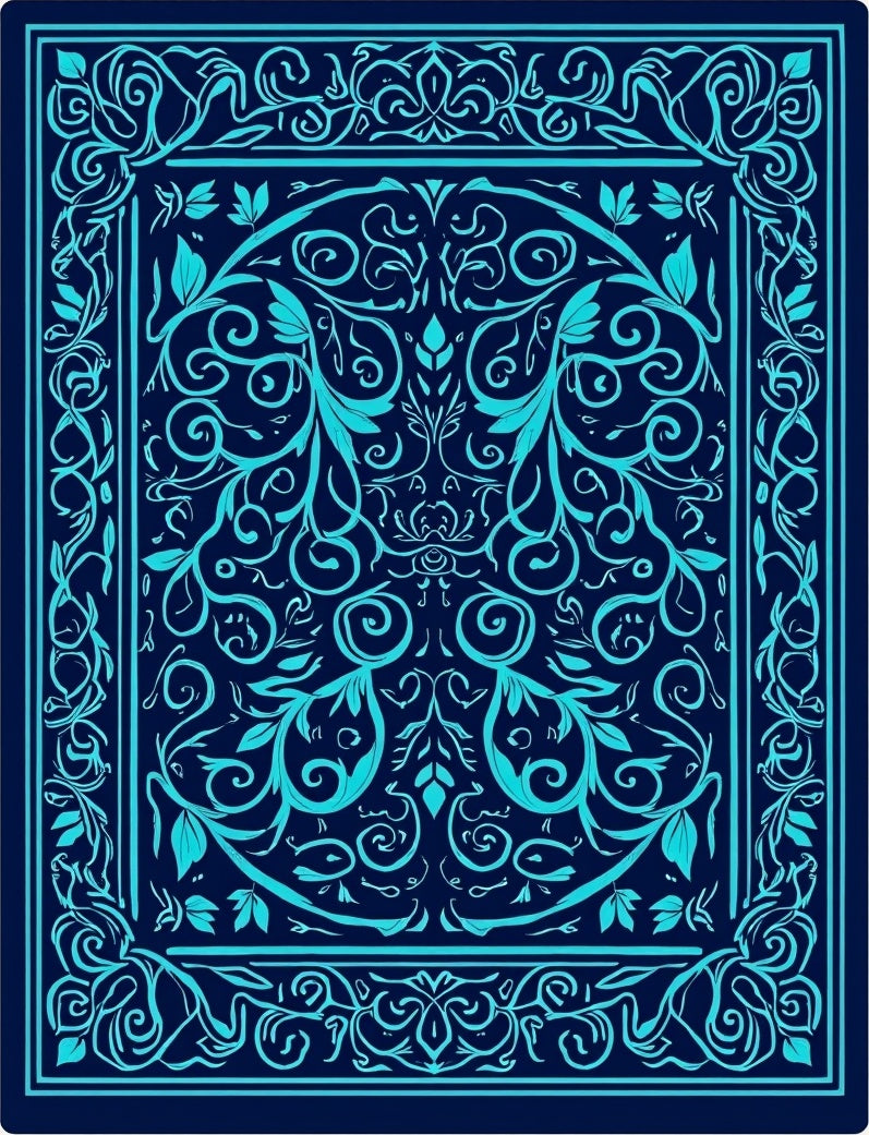 Intricate Teal Floral Scroll Pattern Rug