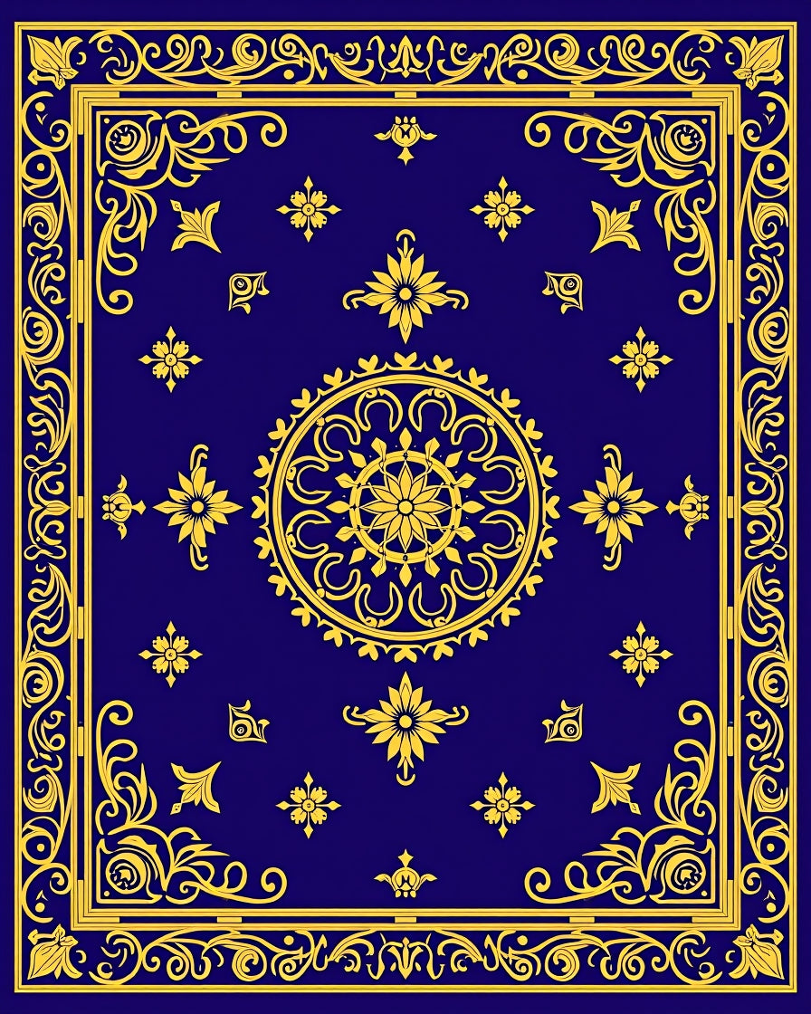 Gold Floral Medallion Royal Blue Rug