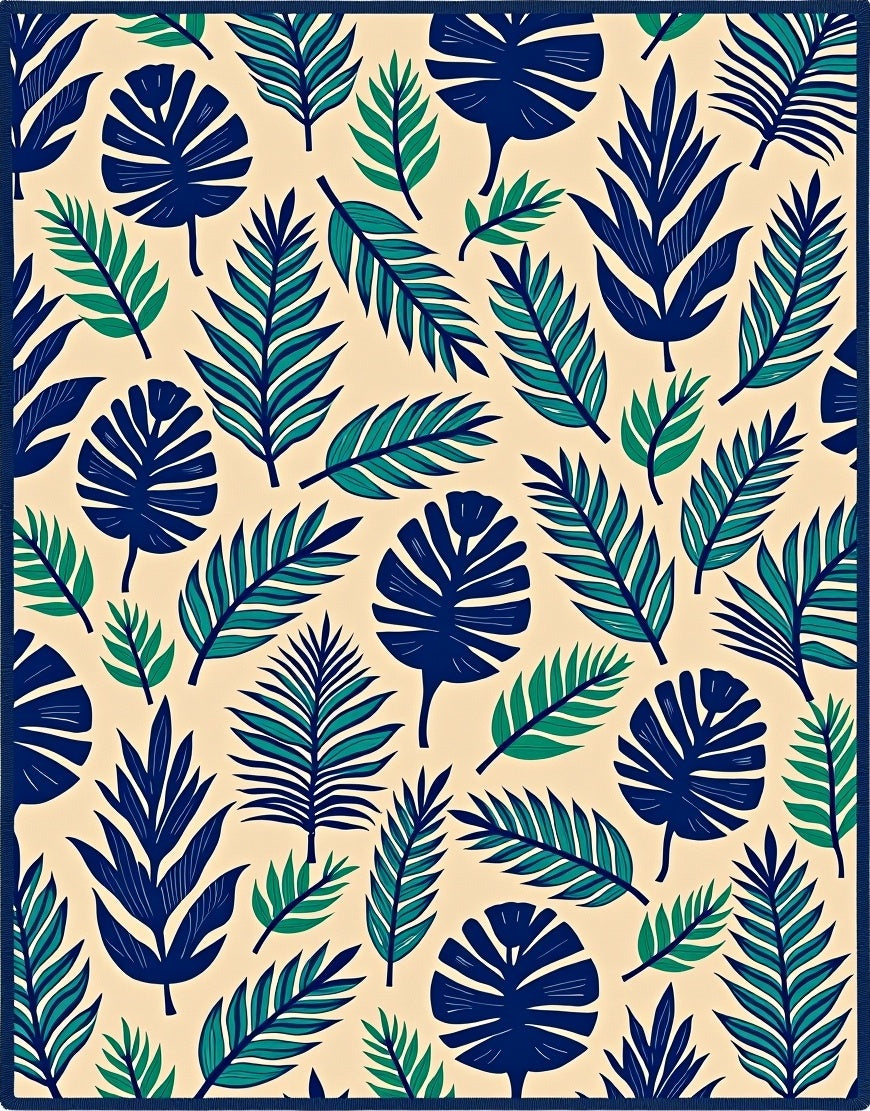 Tropical Leaf Collage Navy Teal Ivory Rug