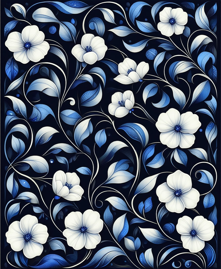 Elegant White Blue Floral Vines Rug