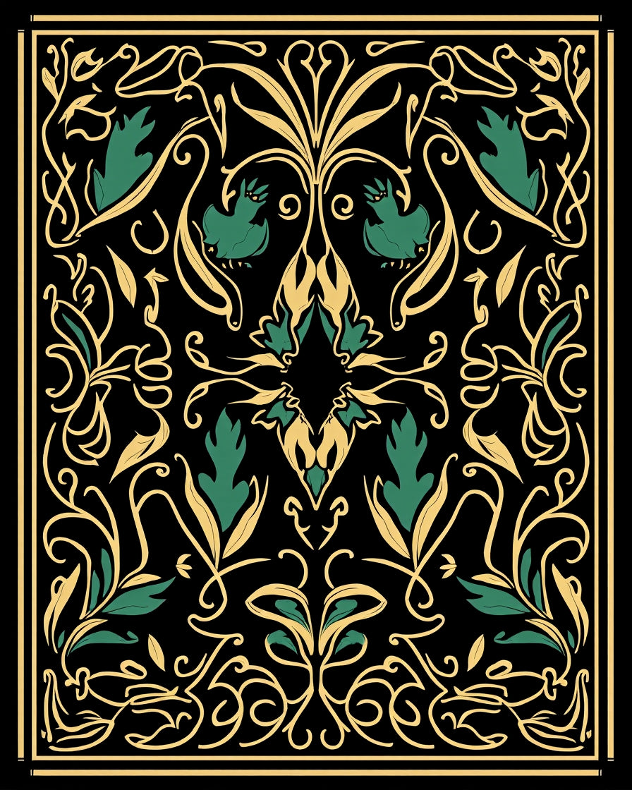 Art Nouveau Black Gold Floral Pattern Rug