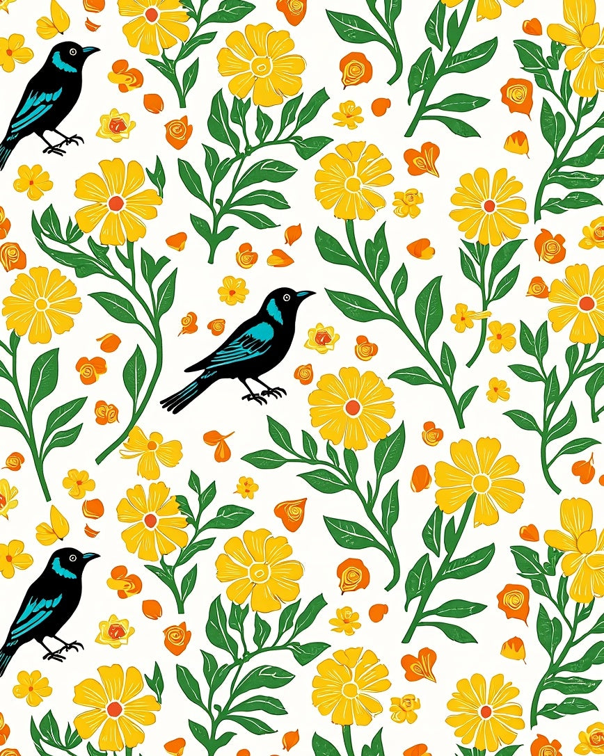 Whimsical Birds Yellow Floral Pattern Rug