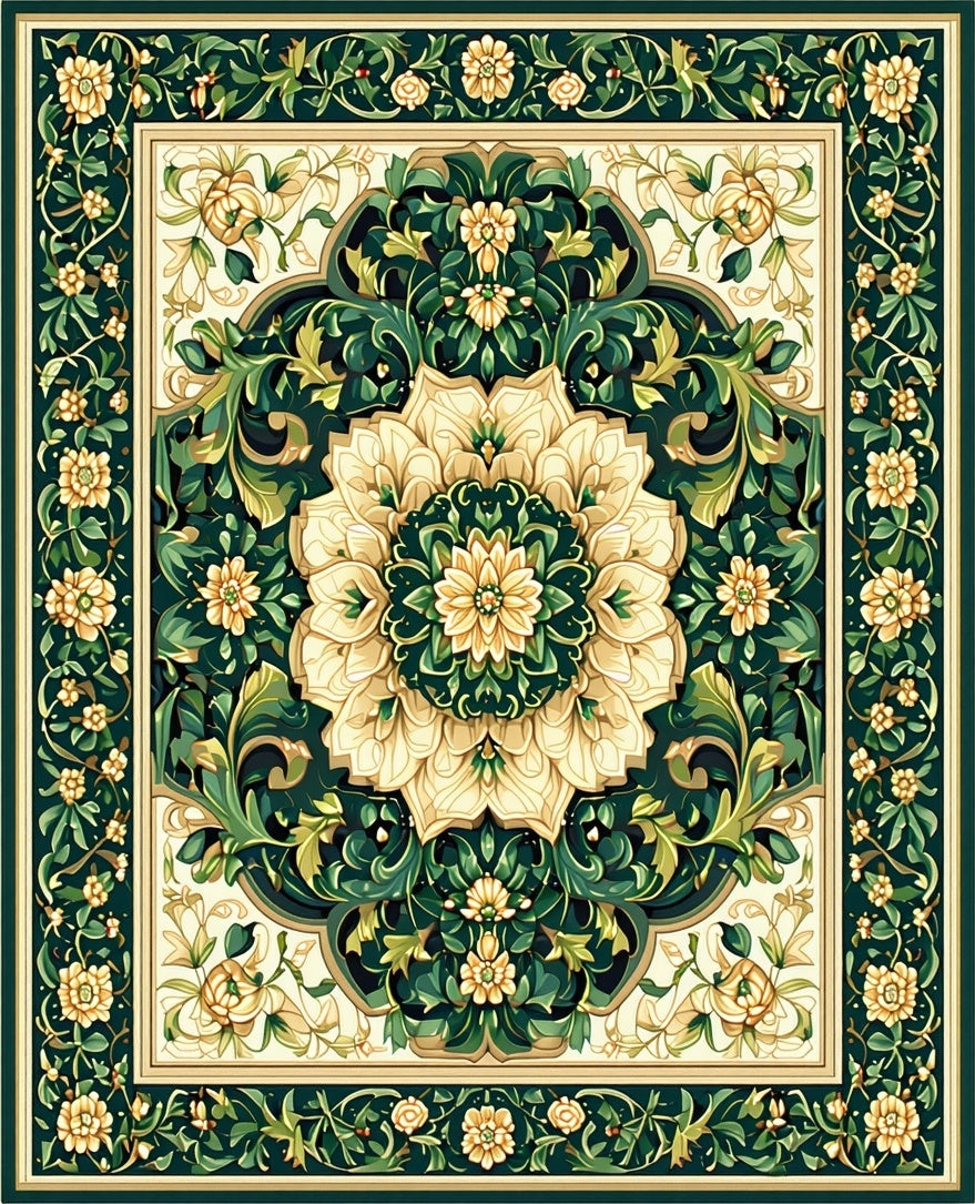Vintage Floral Medallion Dark Green Rug