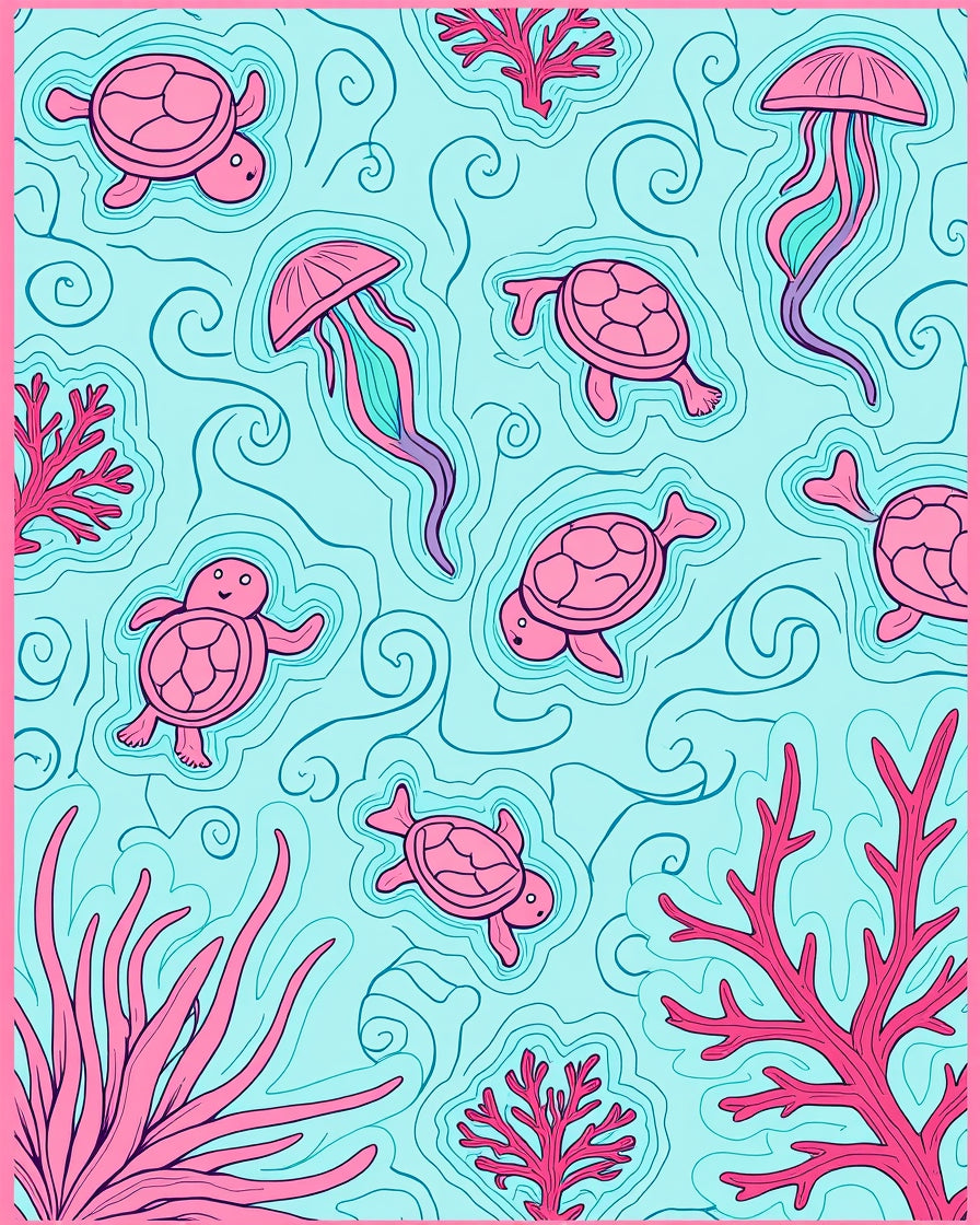 Pink Sea Turtle Jellyfish Pattern Rug