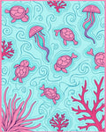 Pink Sea Turtle Jellyfish Pattern Rug