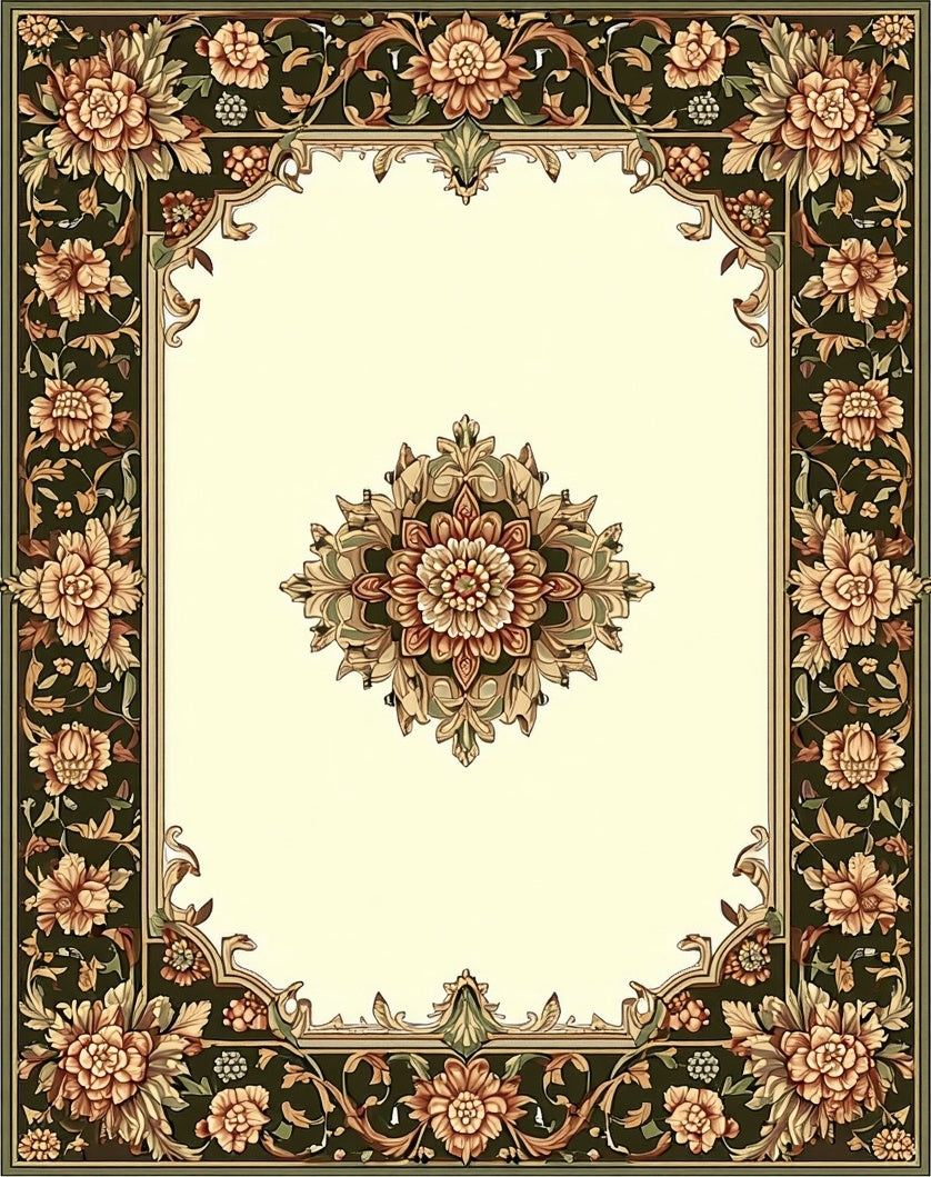 Intricate Floral Border Medallion Design Rug