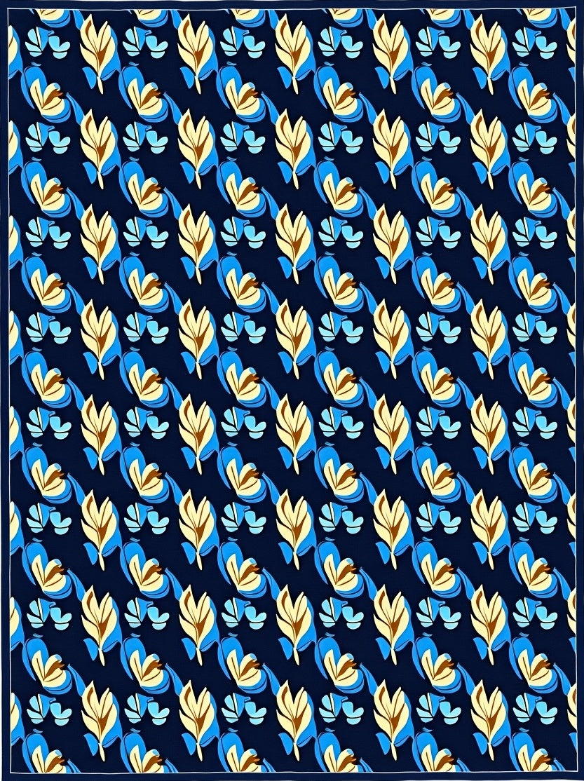 Abstract Blue Yellow Leaf Pattern Rug