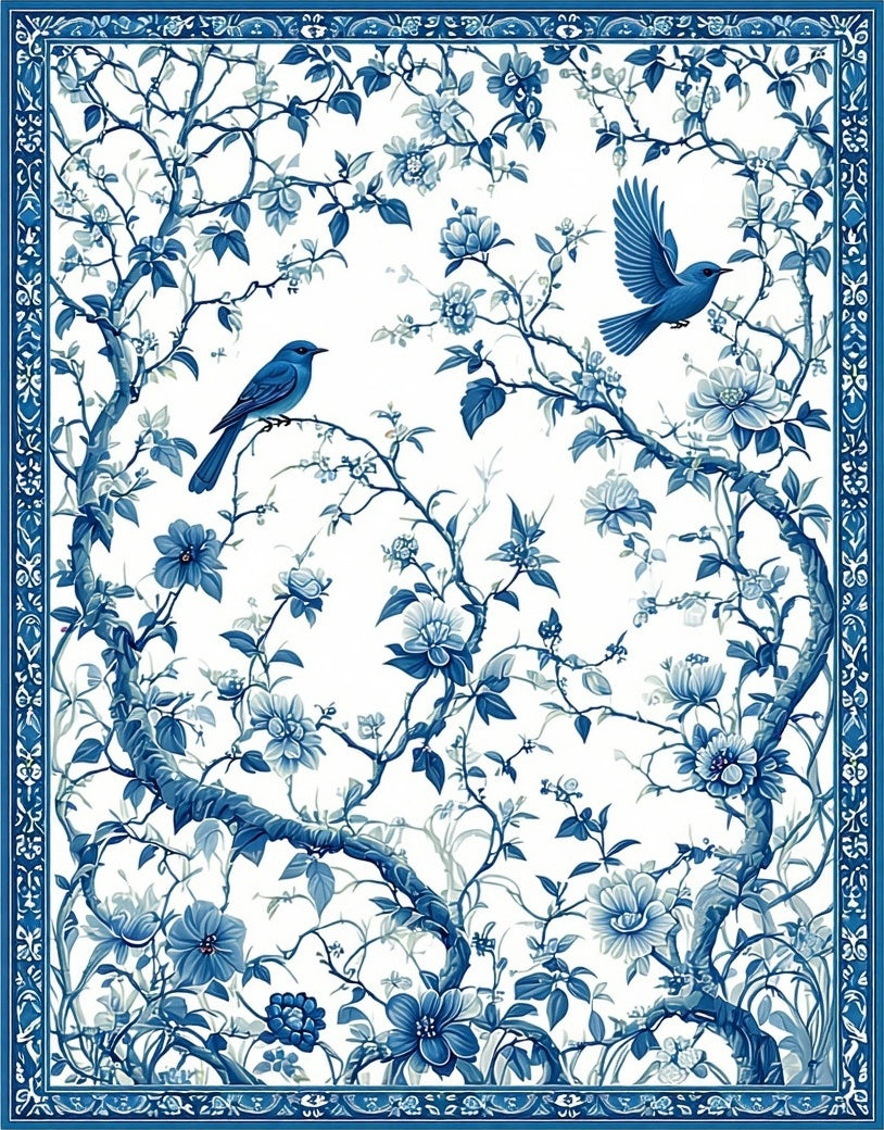 Blue Floral Bird Nature Pattern Rug