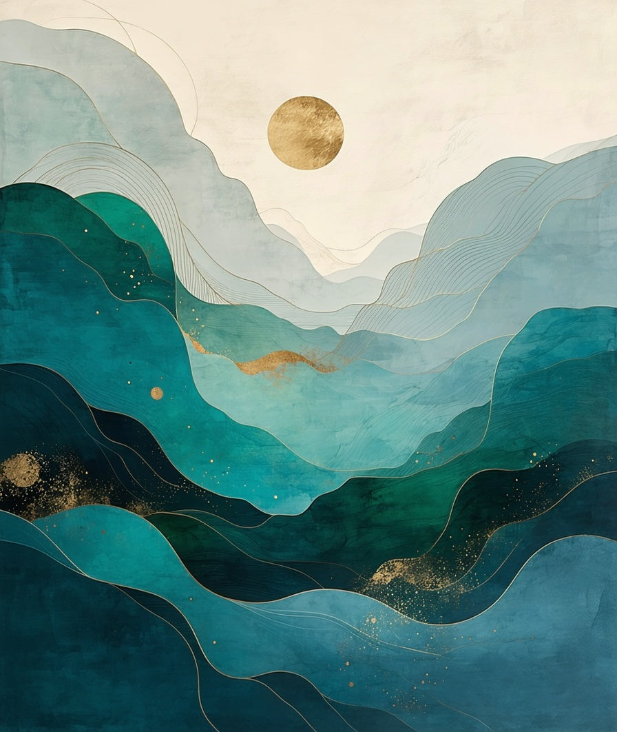 Serene Turquoise Gold Mountainscape Design Rug