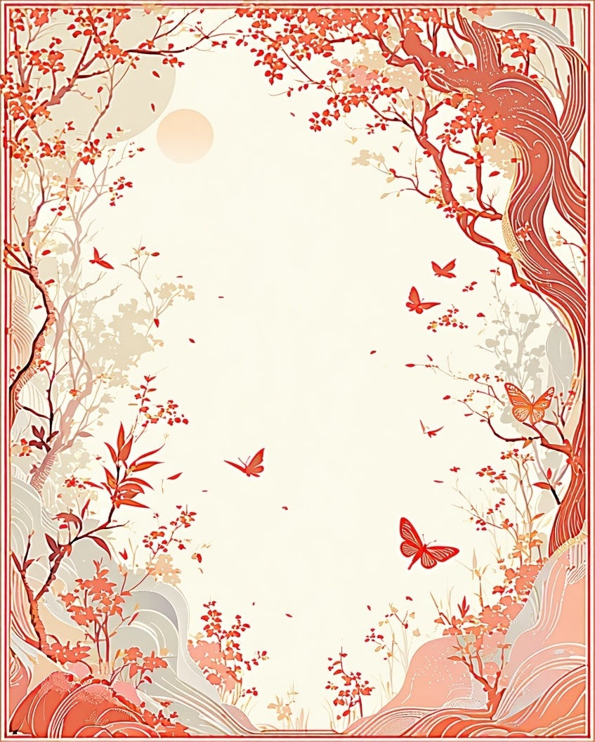 Red Branches Butterflies Nature Pattern Rug