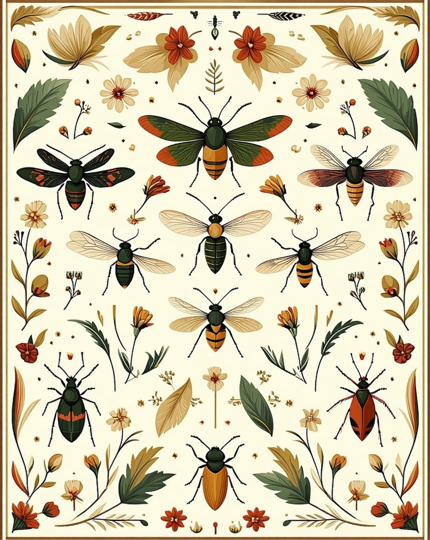 Whimsical Insect Floral Pattern Design Rug
