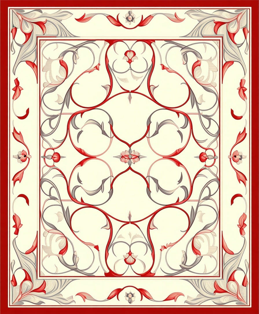 Ornate Red Cream Floral Swirls Area Rug