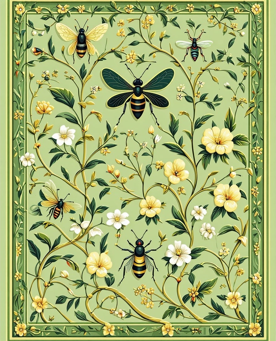 Lush Greenery Bee and Floral Pattern Rug