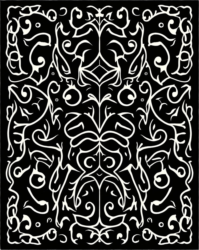 Black White Swirling Vine Pattern Rug