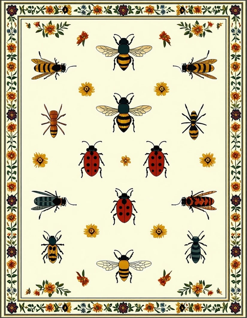 Whimsical Insects Floral Pattern Rug