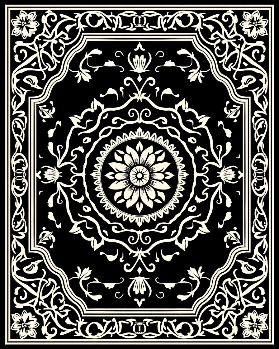 Ornate Black White Floral Scroll Rug