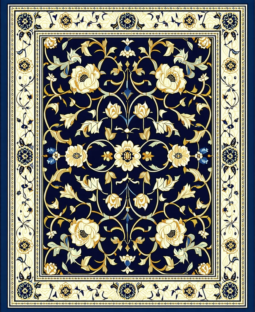 Ornate Navy Floral Border Pattern Rug