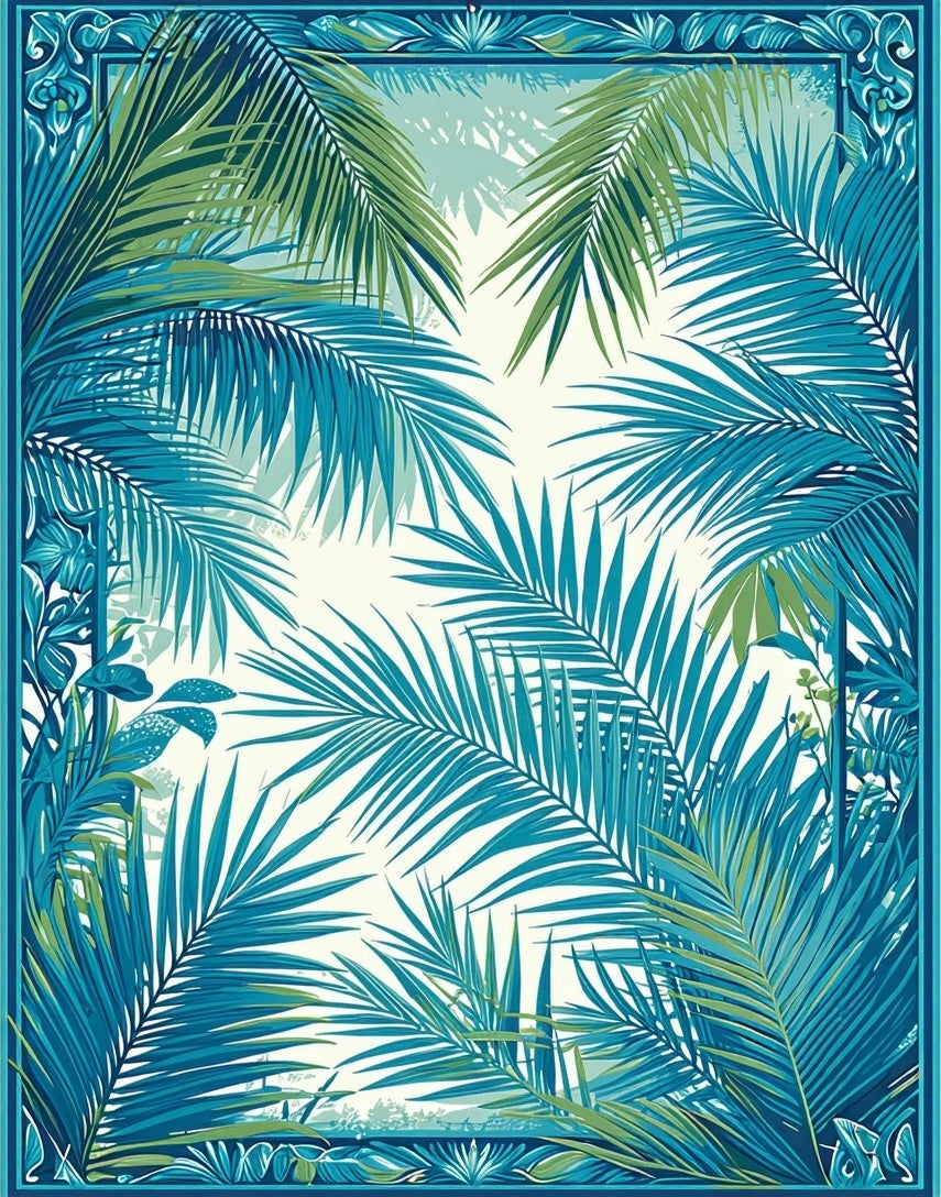 Tropical Palm Leaf Blue Green Design Rug