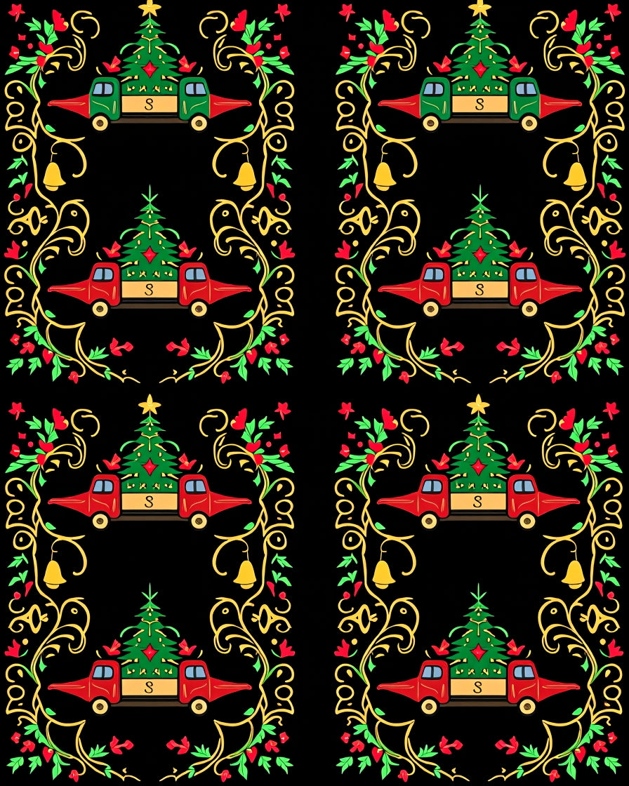 Festive Red Trucks Christmas Tree Border Rug