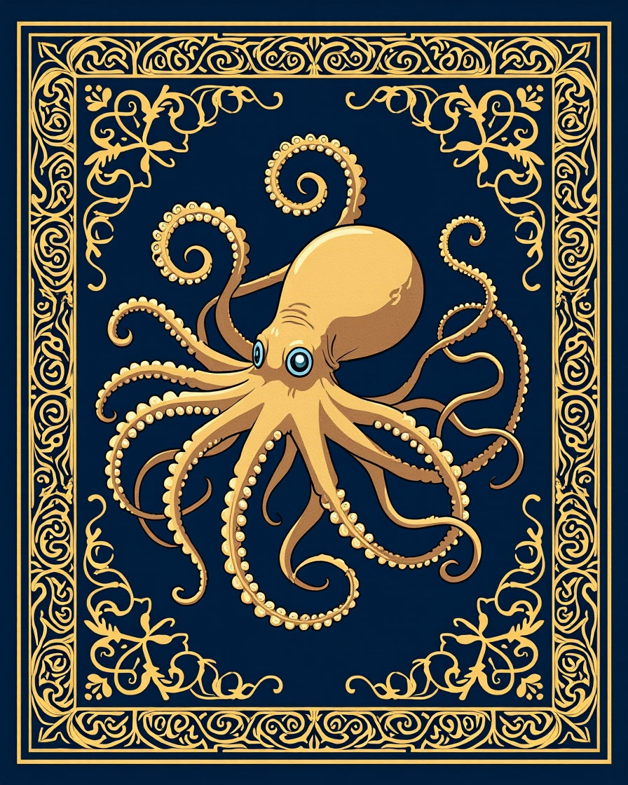 Golden Octopus Nautical Frame Rug