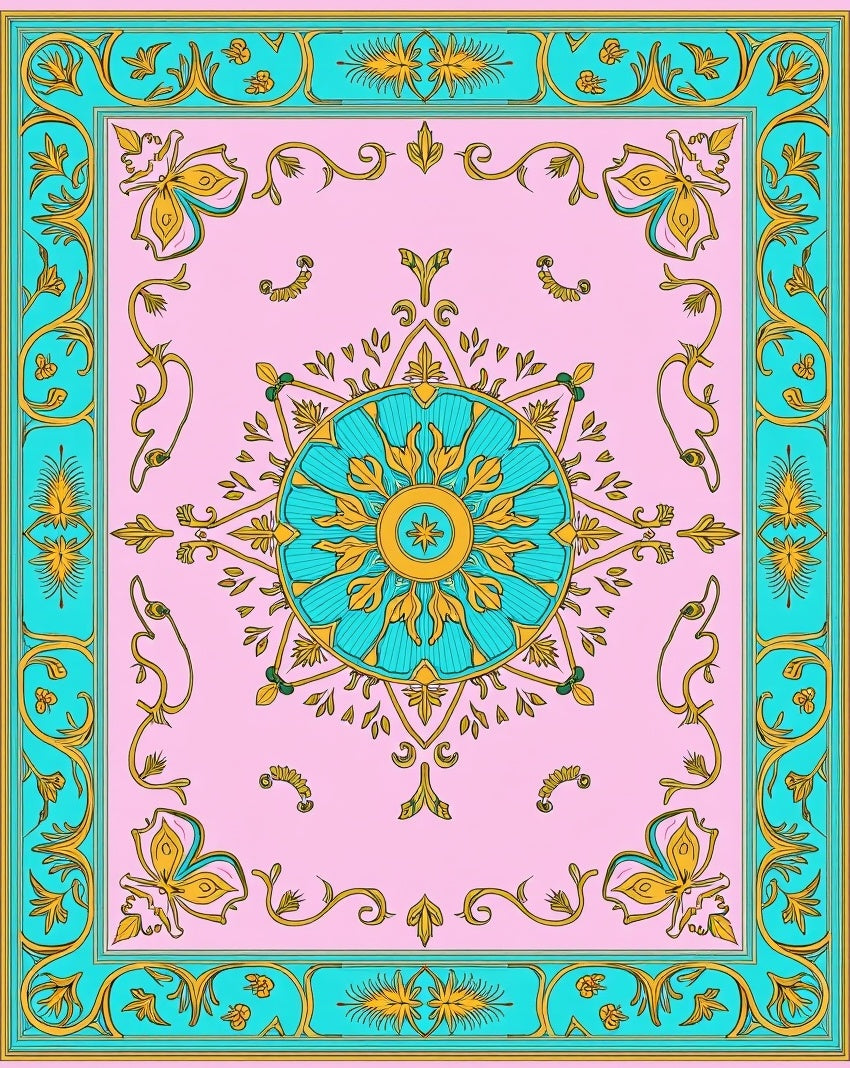 Elegant Pink Teal Golden Floral Rug