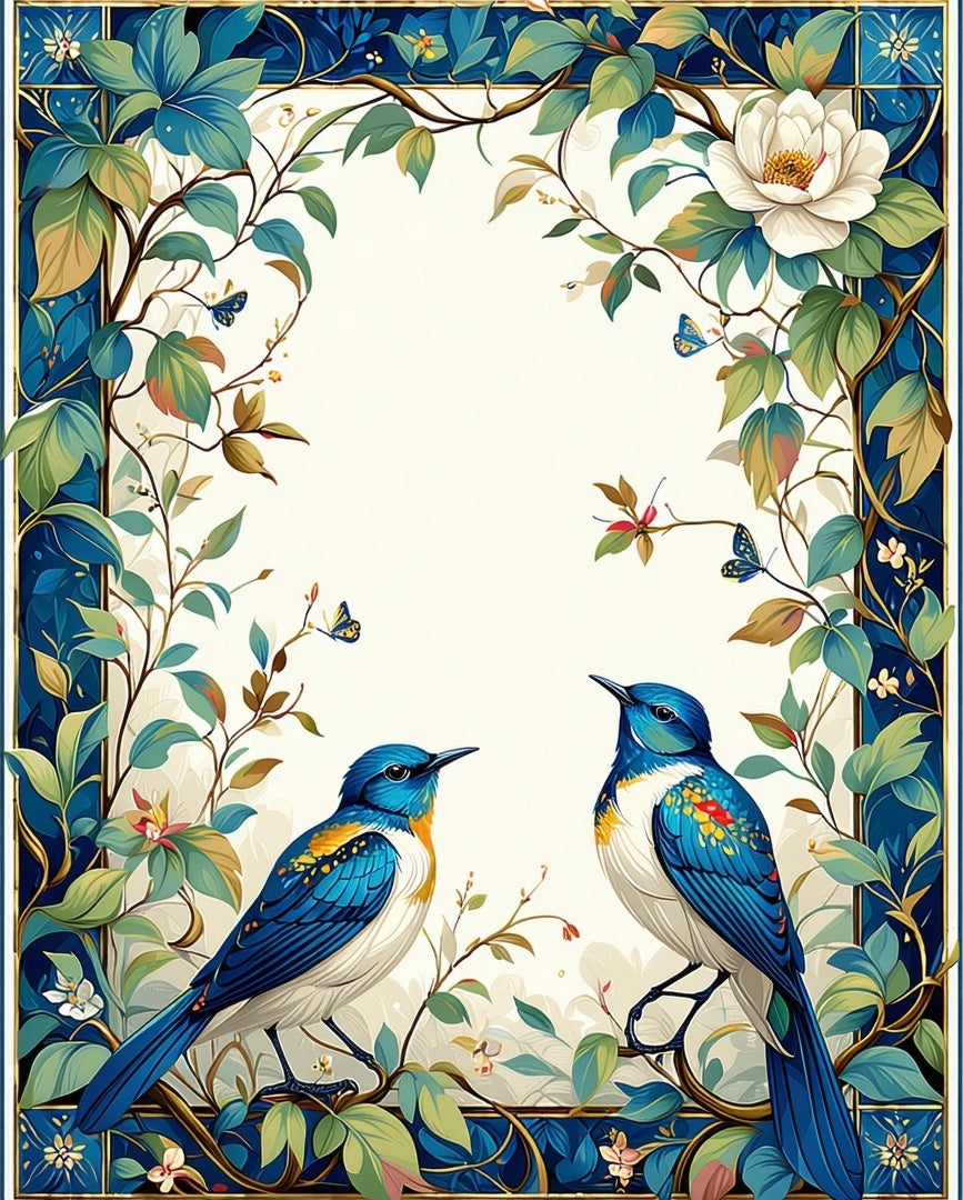 Blue Birds Botanical Floral Frame Rug