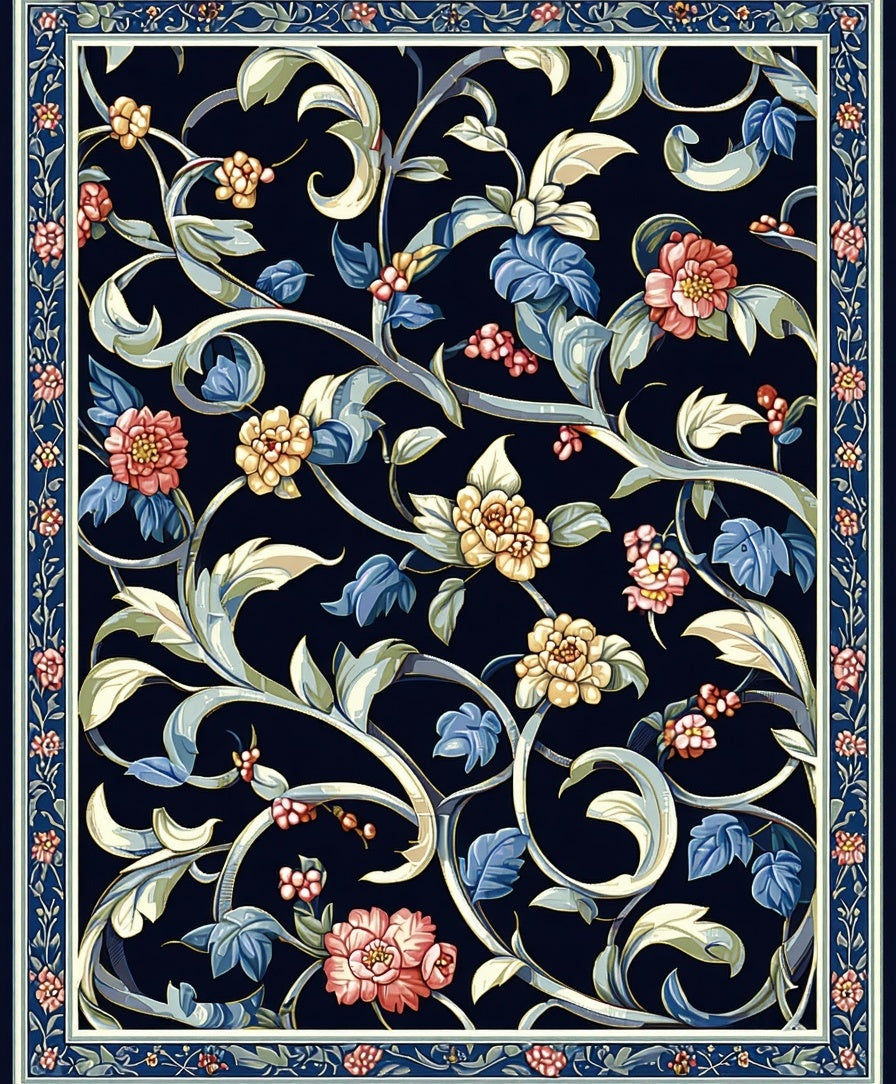 Dark Floral Vine Botanical Pattern Rug