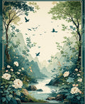 Serene Mountain River Floral Landscape Rug