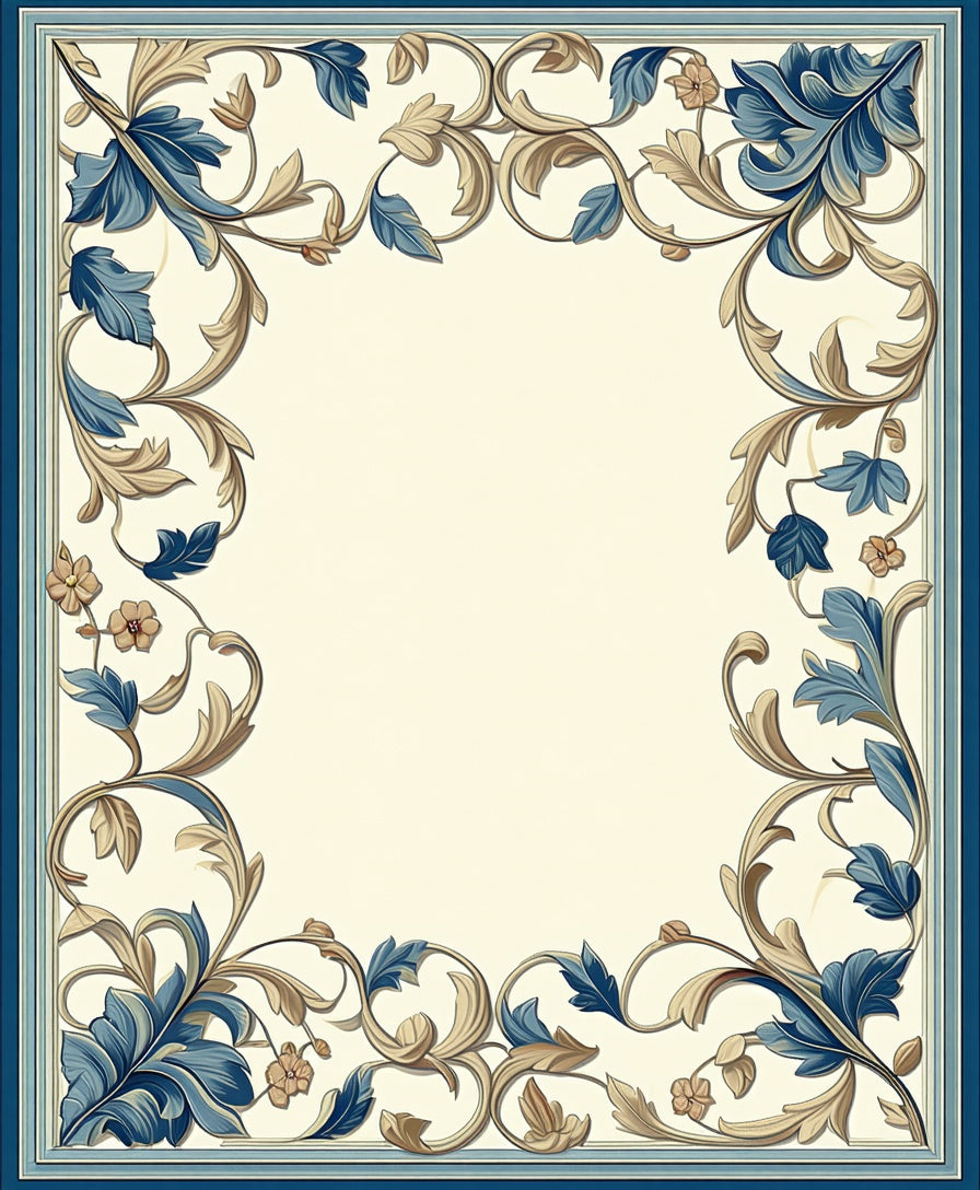 Ornate Blue Floral Scrollwork Pattern Rug