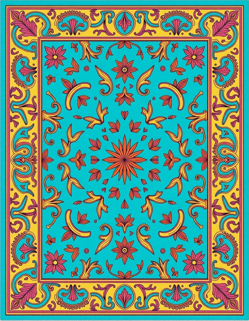 Vibrant Teal Floral Scroll Rug