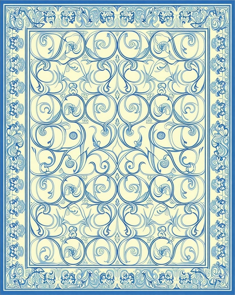 Elegant Blue Swirl Floral Pattern Rug