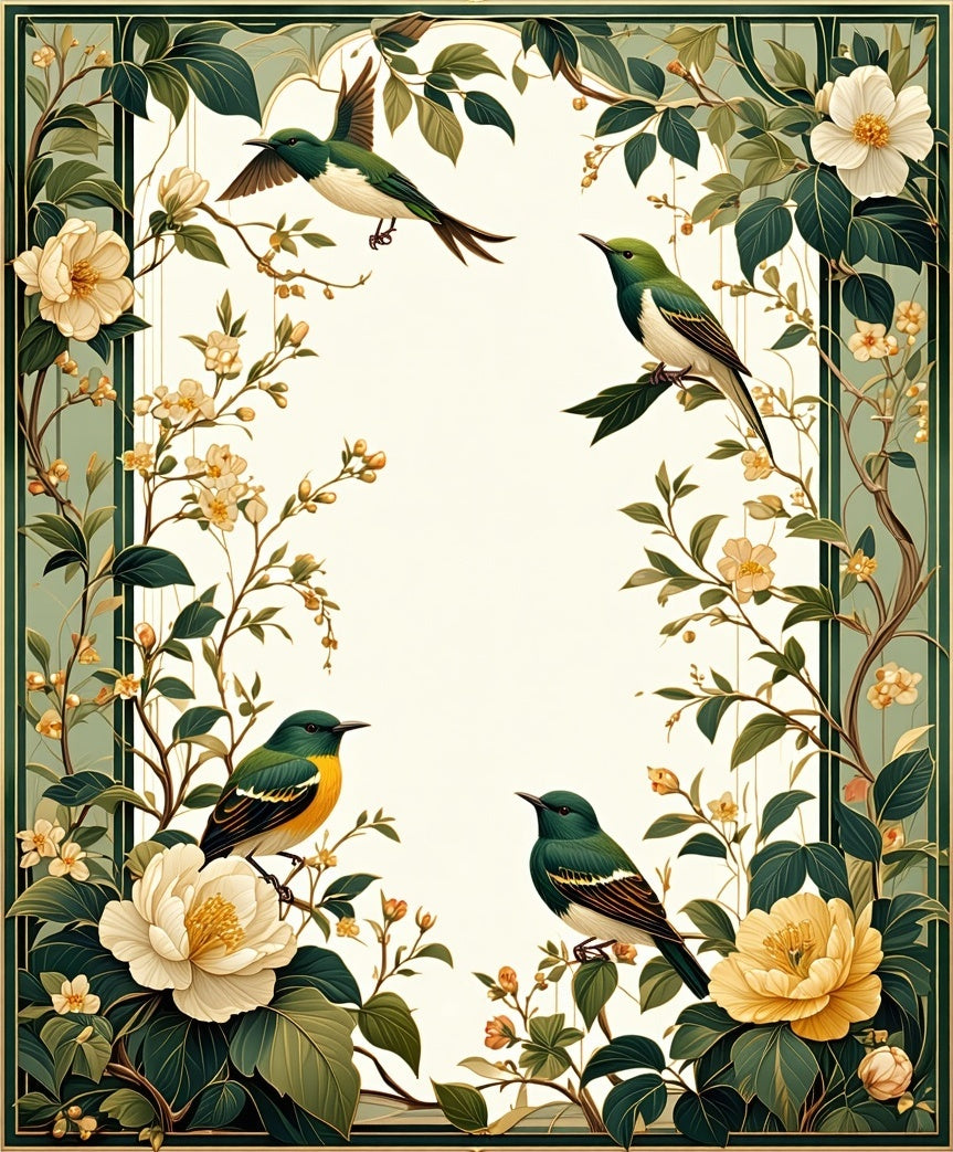 Green Birds Among Cream Flowers Rug