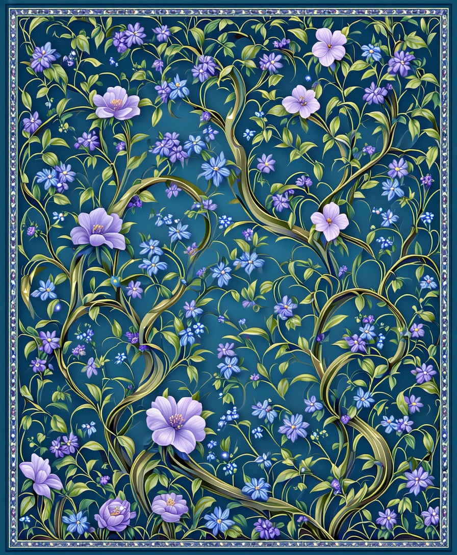 Blue Floral Vine Patterned Rug