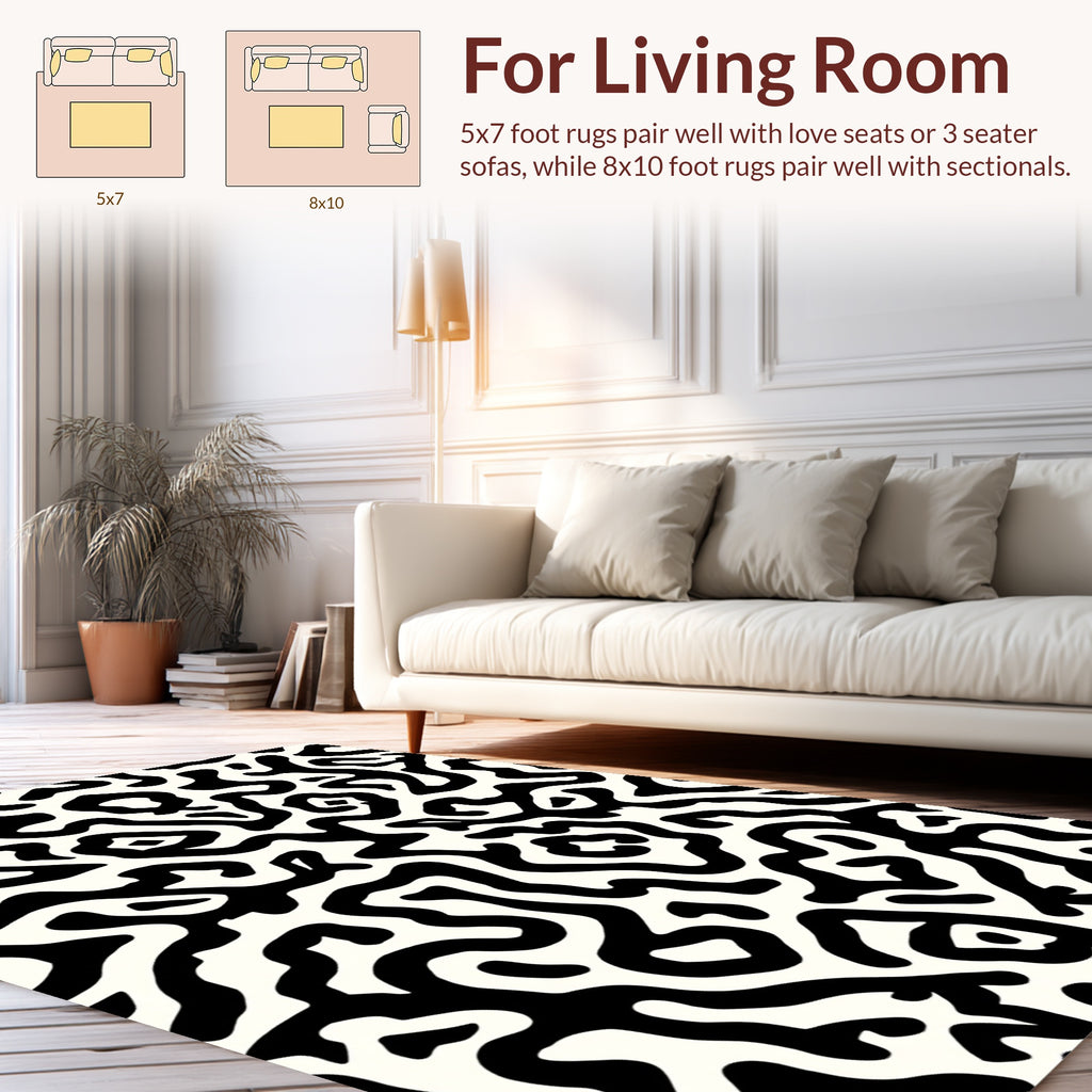 Black White Organic Maze Pattern Rug