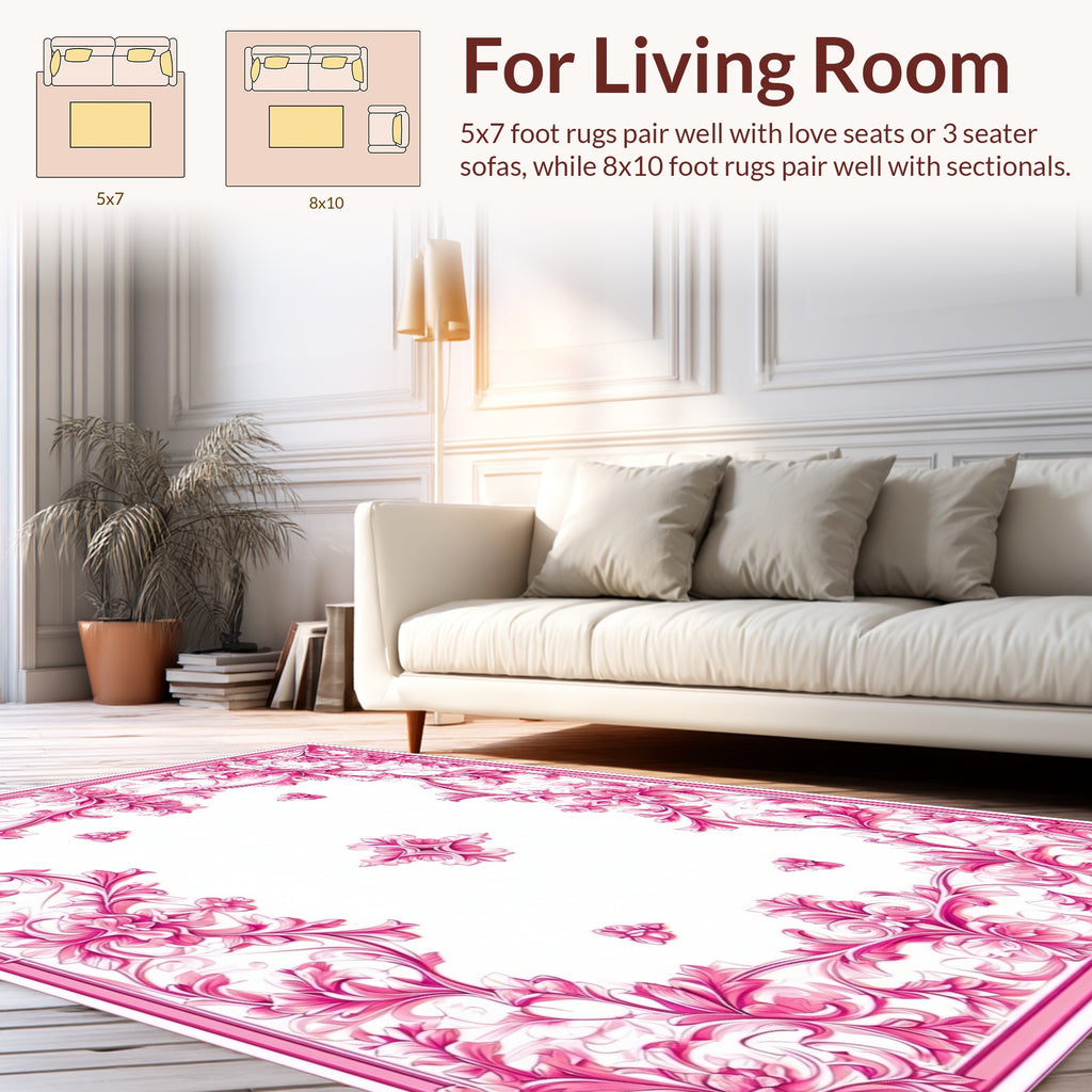 Ornate Pink Floral Scroll Pattern Rug