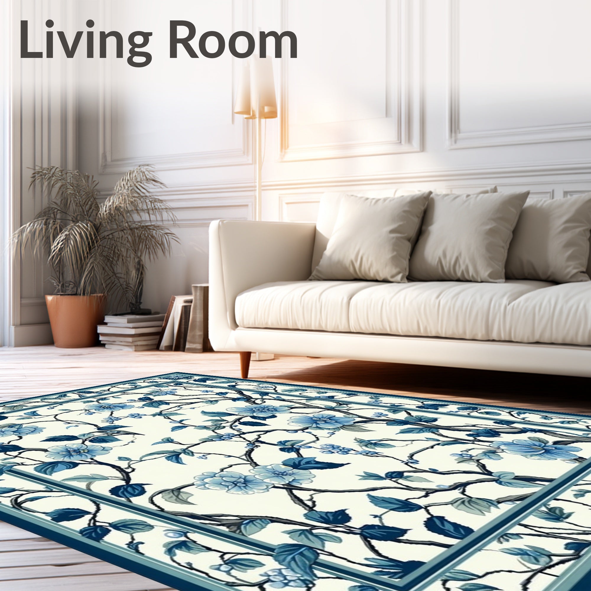Blue Floral Branch Pattern Design Rug