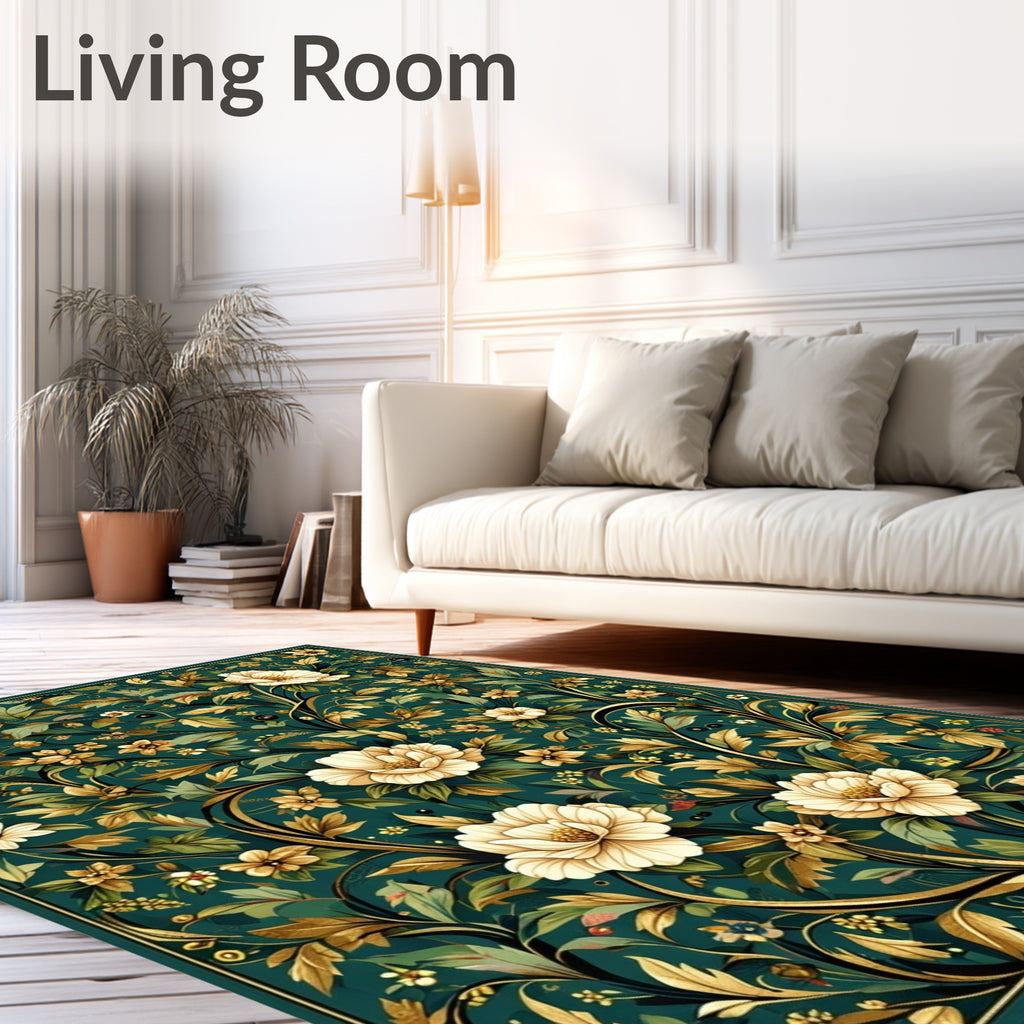 Emerald Floral Scroll Vintage Design Rug