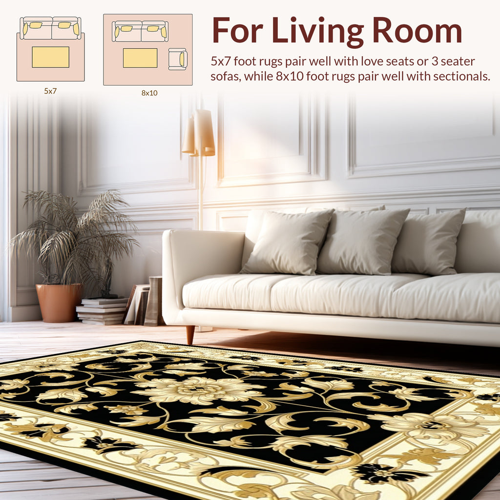 Ornate Black Gold Floral Design Rug