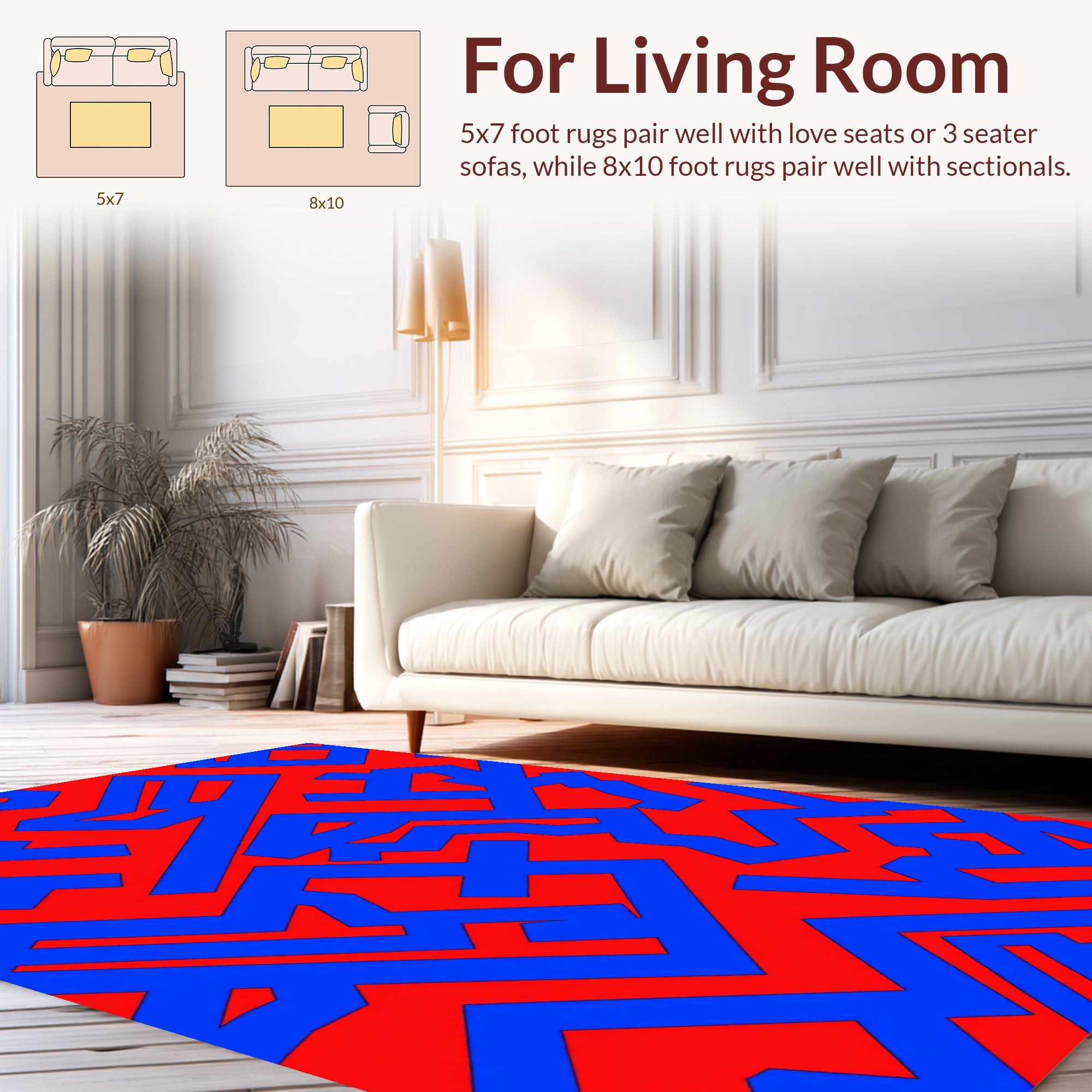 Abstract Red Blue Interlocking Pattern Rug