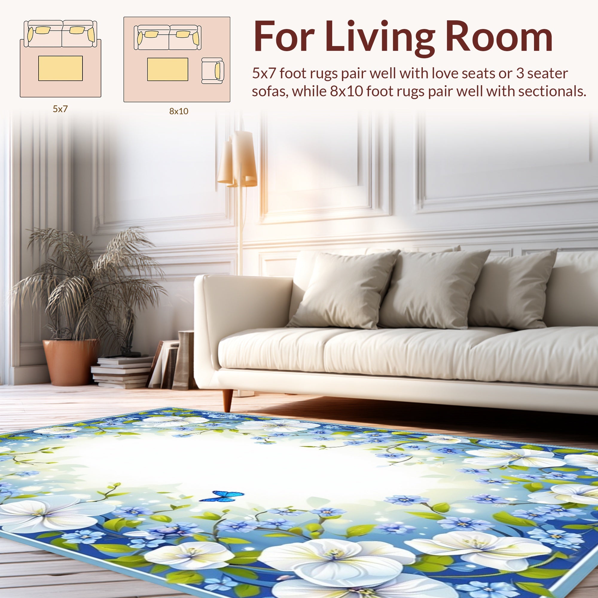 Delicate White Blue Floral Butterfly Print Rug