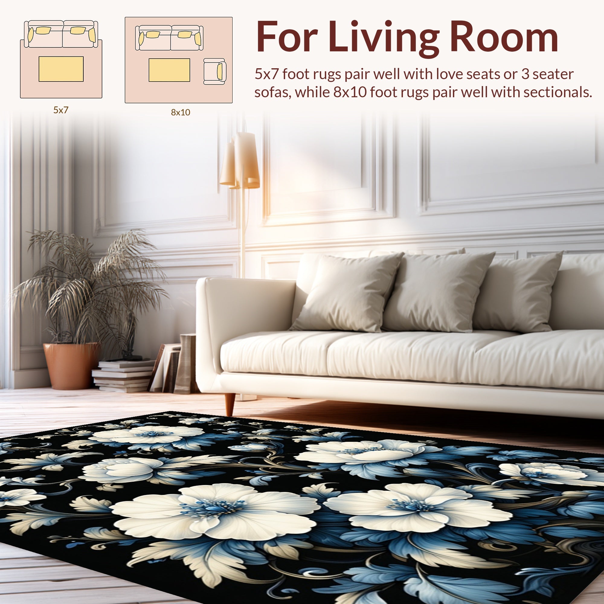 White Blue Porcelain Floral Pattern Rug