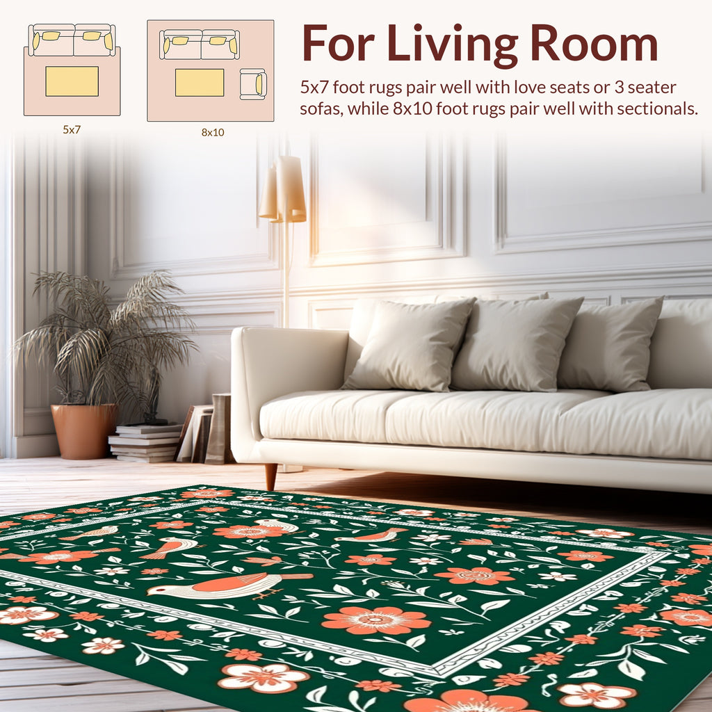 Coral Birds With Botanical Flourish Pattern Rug