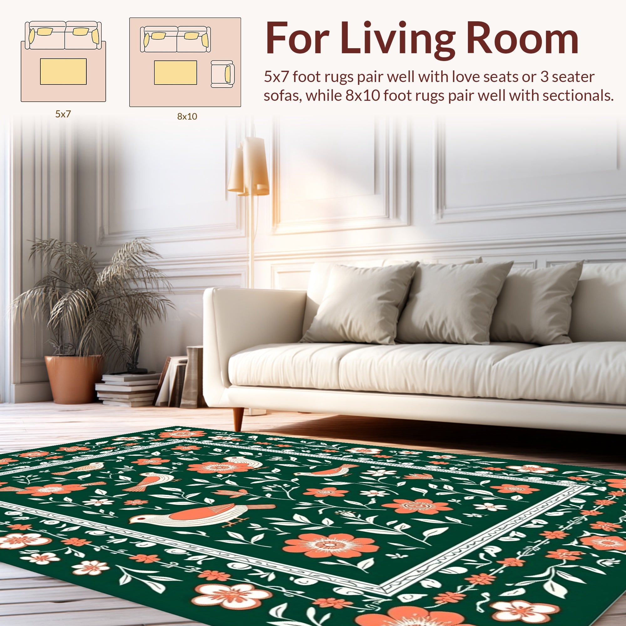 Coral Birds With Botanical Flourish Pattern Rug