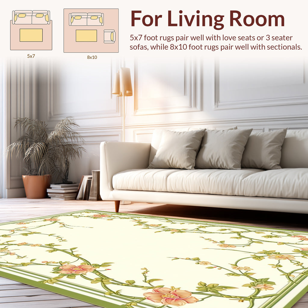 Floral Vine Bordered Naturalistic Design Rug