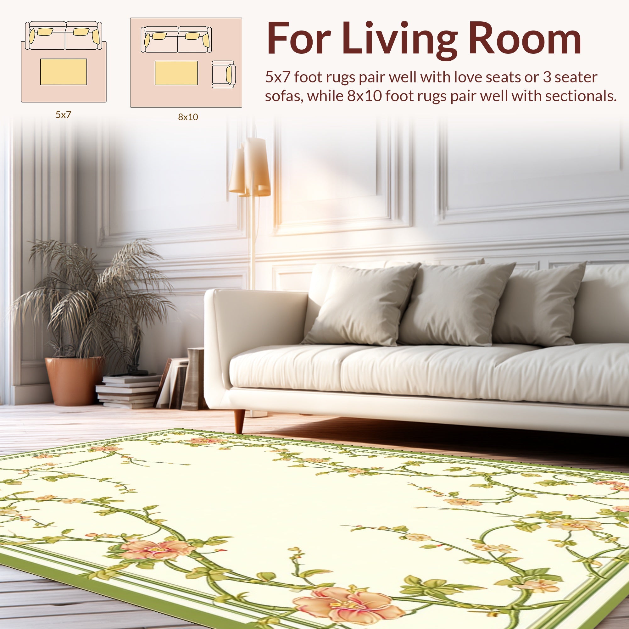 Floral Vine Bordered Naturalistic Design Rug