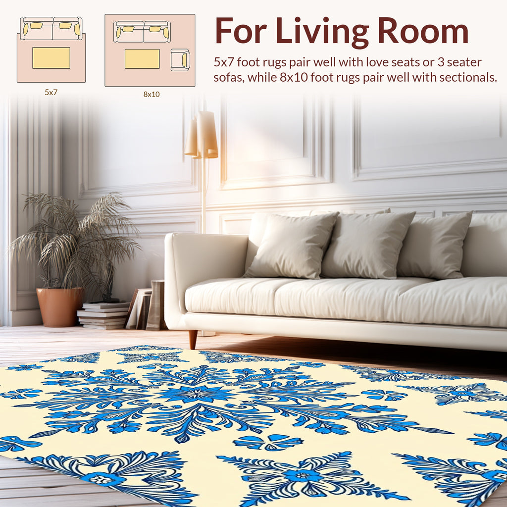 Ornate Floral Damask Blue Pattern Rug