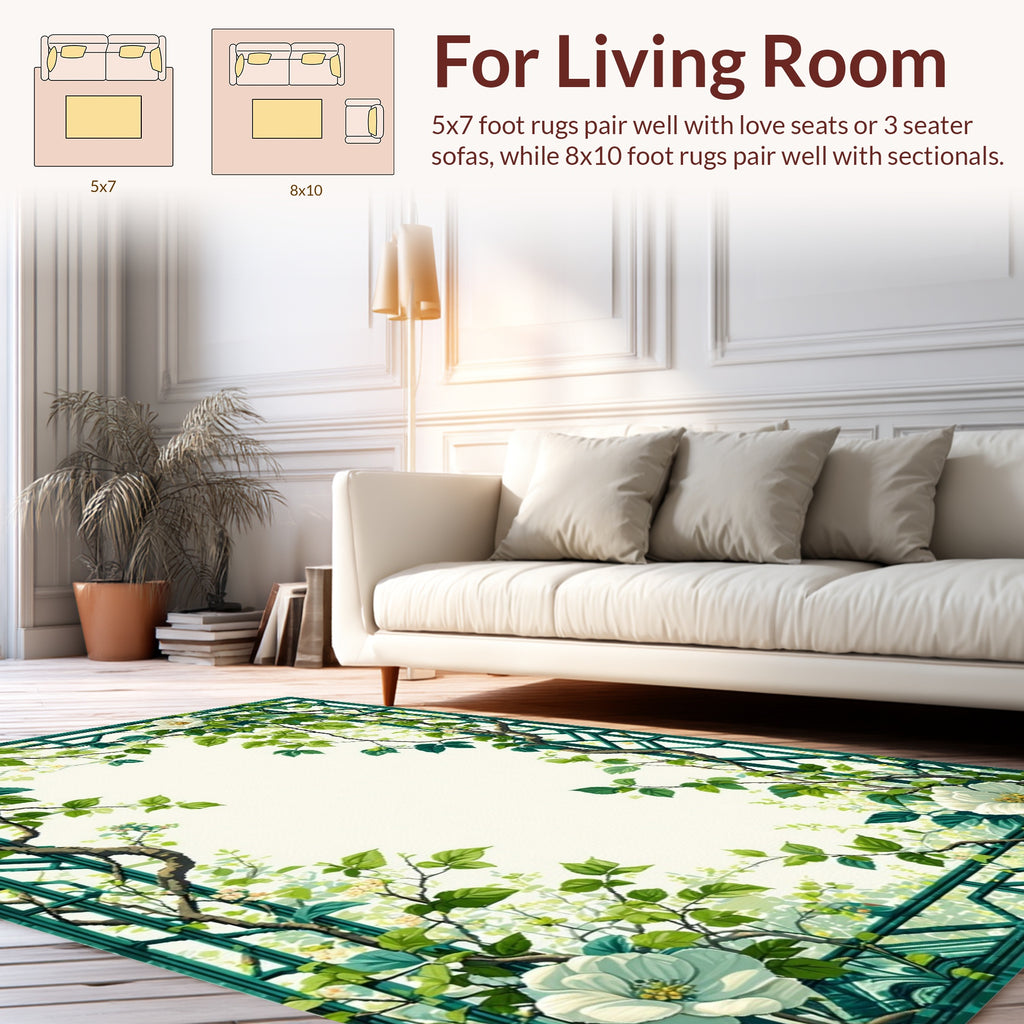 Green Vine White Floral Garden Rug