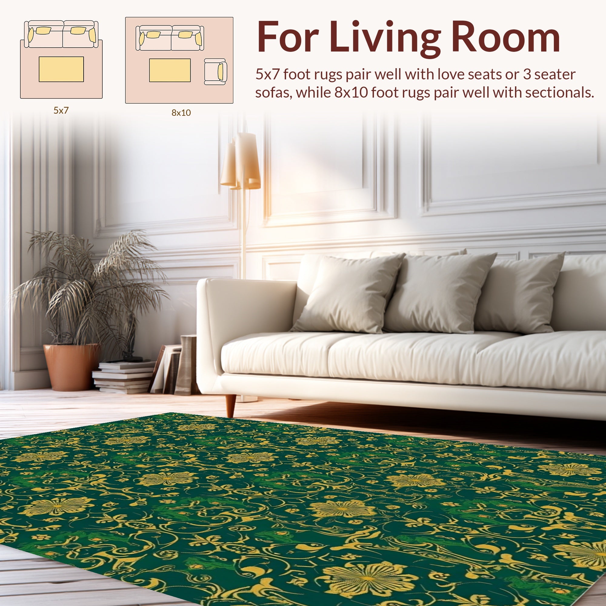 Emerald Golden Floral Damask Pattern Rug