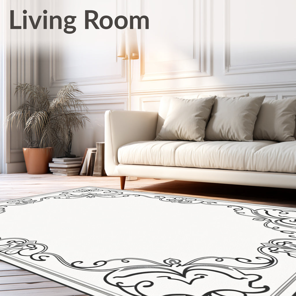 Ornate Scrollwork Black and White Frame Rug