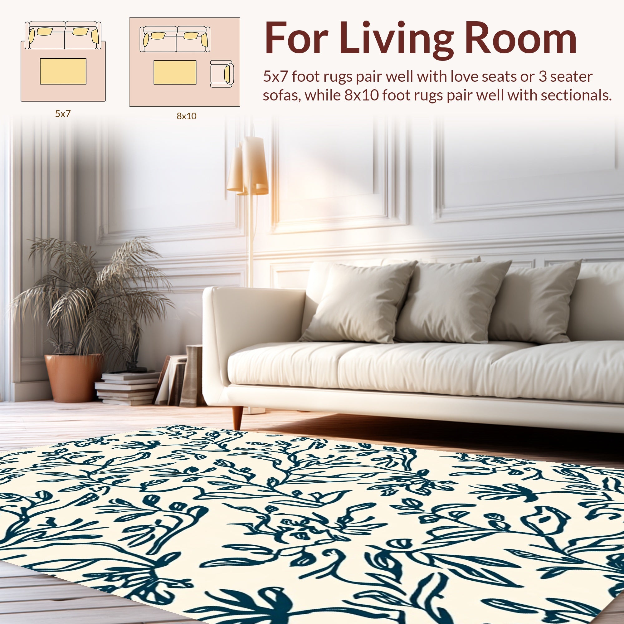 Dark Blue Leafy Vine Pattern Rug